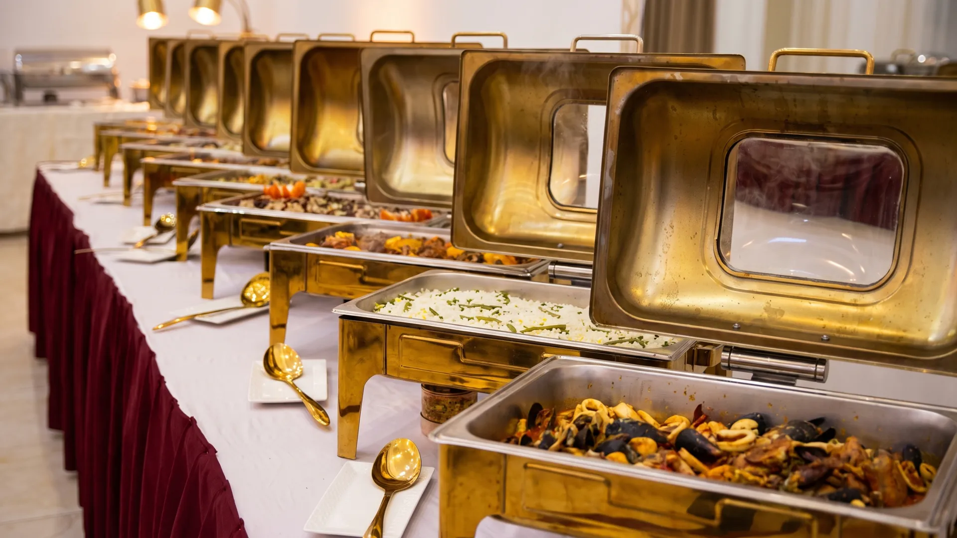 Linha de buffet da HMP montada com banhos-maria em latão e travessas quentes
