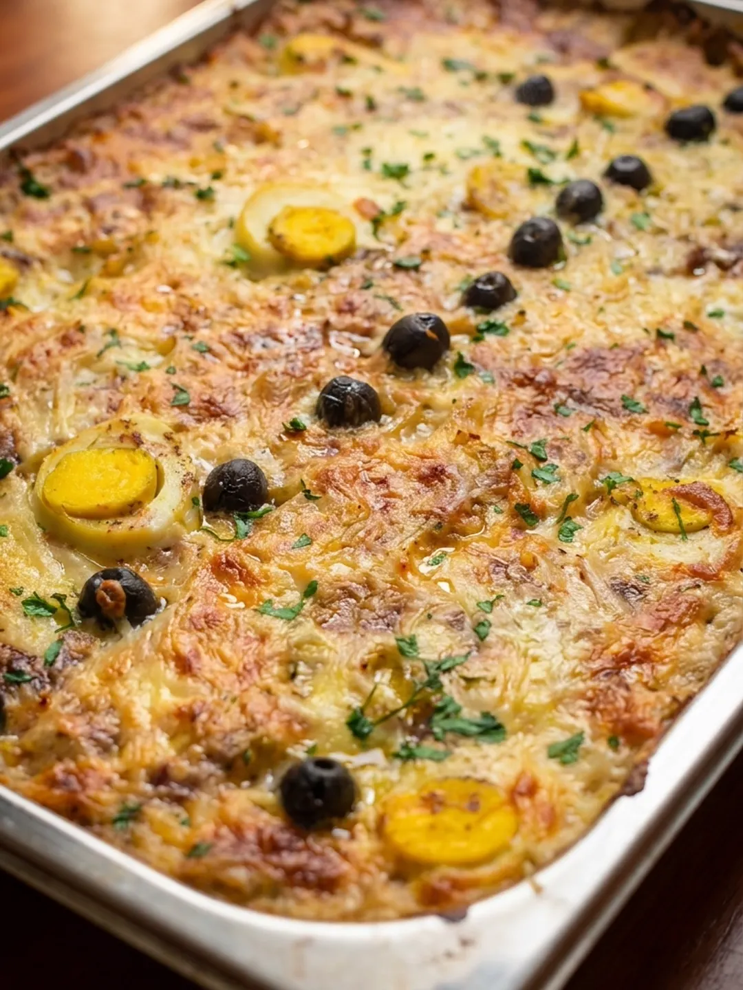 Travessa de bacalhau gratinado pronta a servir num almoço de empresa